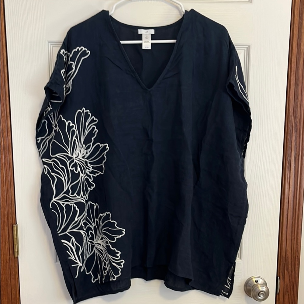 J. Jill Navy Blue Linen & White Floral Embroidered Sides Beach Swim Cover Up